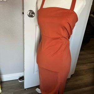 Burnt orange square neck midi dress split bottom